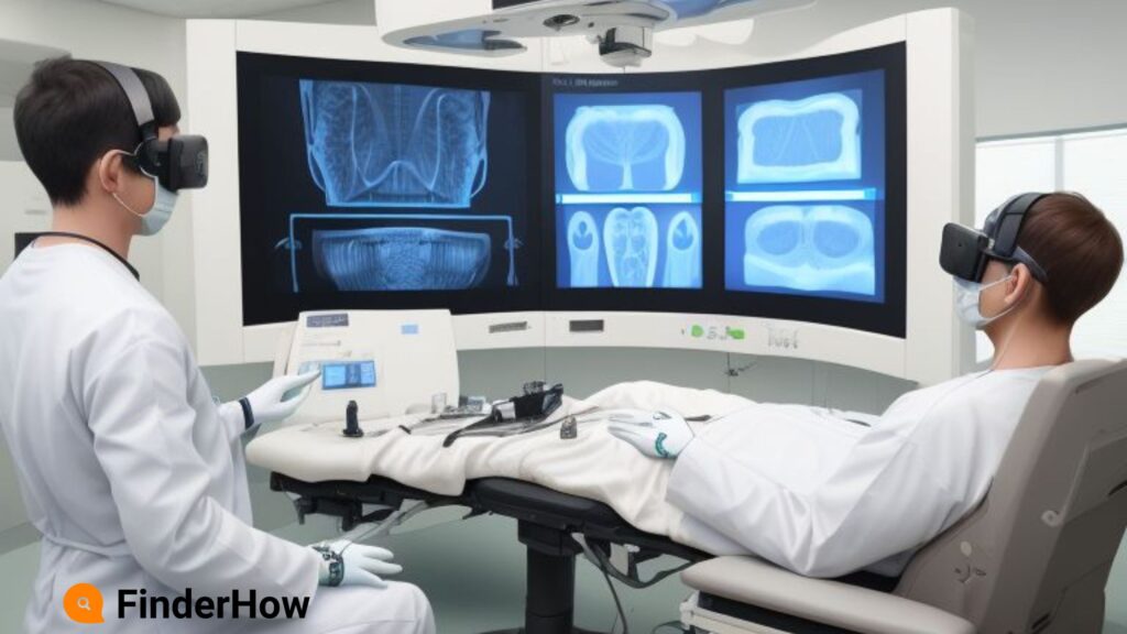 A skilled surgeon, wearing a virtual reality headset, surgical procedure in a hyper-realistic digital simulation. VR revolutionizes medical training and patient safety.