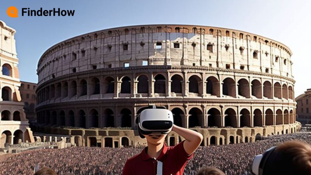 A young student, immersed in the virtual reality of the Colosseum, stands amidst the cheering crowd as gladiators clash in the arena. Experience history come alive with the power of VR education.