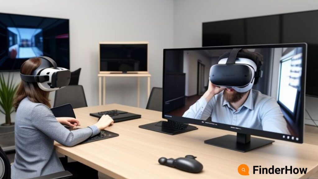 Two friends, physically separated but connected in a virtual environment, experiencing a social issue together.