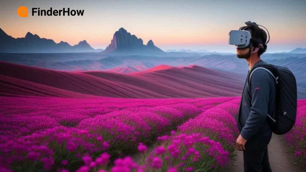 A lone traveler wearing VR exploring a breathtaking virtual landscape, painted in vibrant colors.