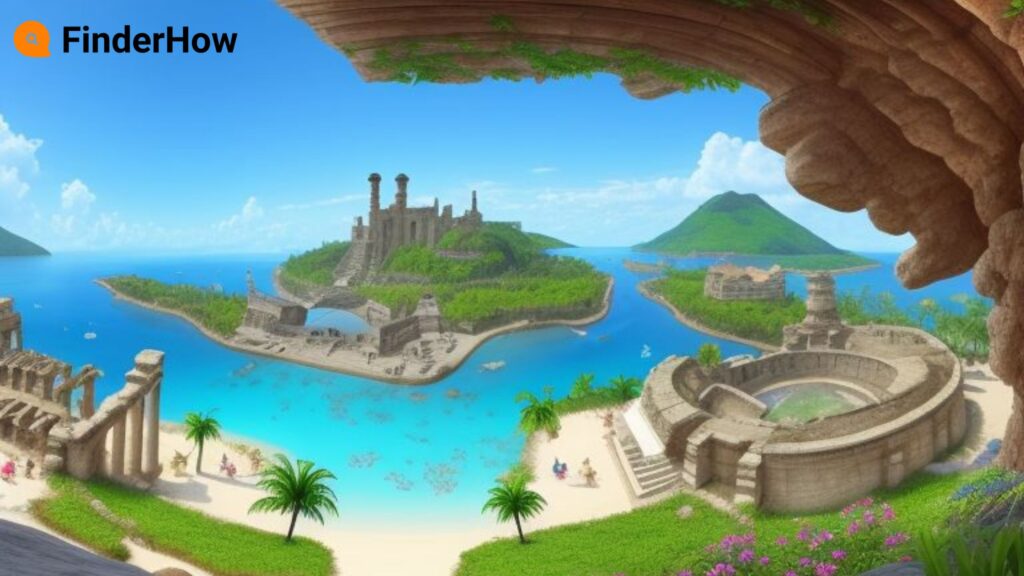 A breathtaking panoramic view of a vibrant VR virtual world, where ancient ruins rise amidst a lush jungle, mythical creatures soar through a fiery sky, and coral reefs shimmer beneath crystal-clear waters. Experience endless possibilities in the immersive realm of virtual reality.