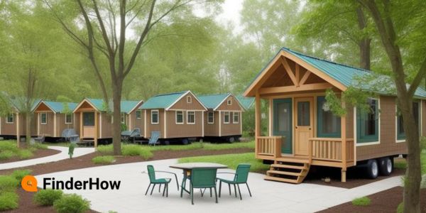 A cluster of tiny homes arranged in a circle, surrounded by trees and shared outdoor space. Tiny Home living