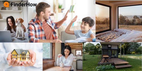 A collage of photos featuring tiny homes Tiny Home living