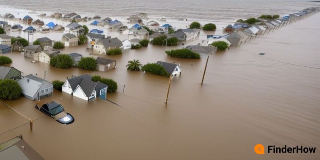 A flooded coastal street with partially submerged houses and cars the impact of climate change