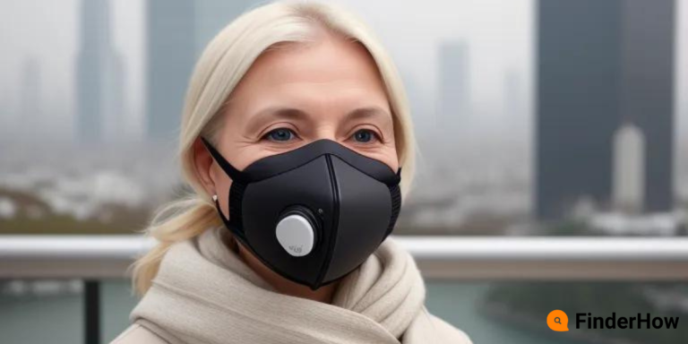 A person in a city wearing a breathing mask, with the cityscape blurred by polluted air