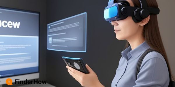 A person wearing an augmented reality headset. They are interacting with a news article Conversational AI in 2024