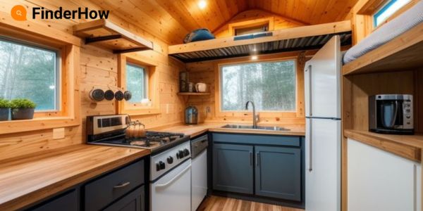 A well-lit tiny home interior with a loft bed, a compact kitchen, and built-in storage solutions. Tiny Home living