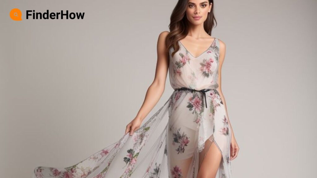 Image of a model in a flowing, sheer dress with a floral print