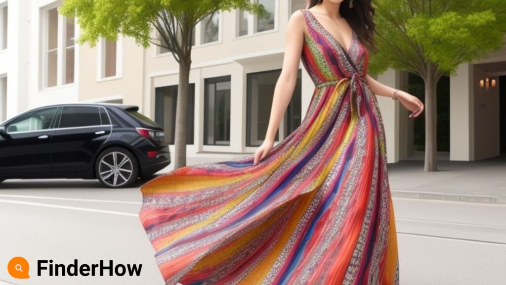 Image of a model in a long flowing maxi-dress in bold print