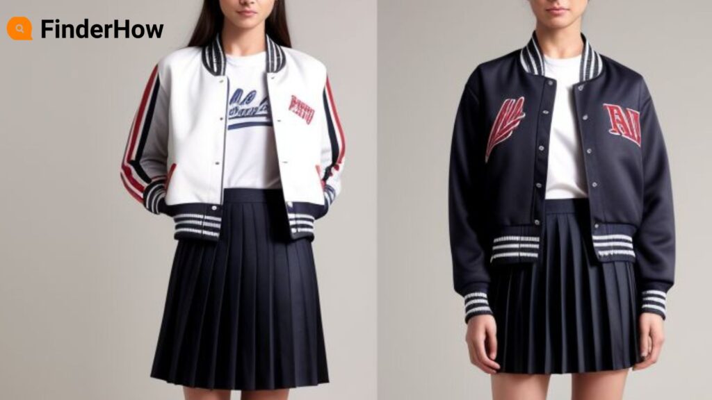 Image of a models wearing a varsity jacket over a pleated skirt