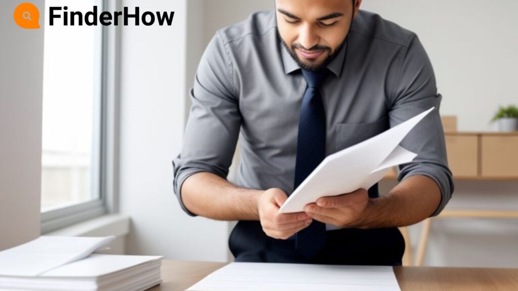 a person organizing paperwork into a folder, looking relieved