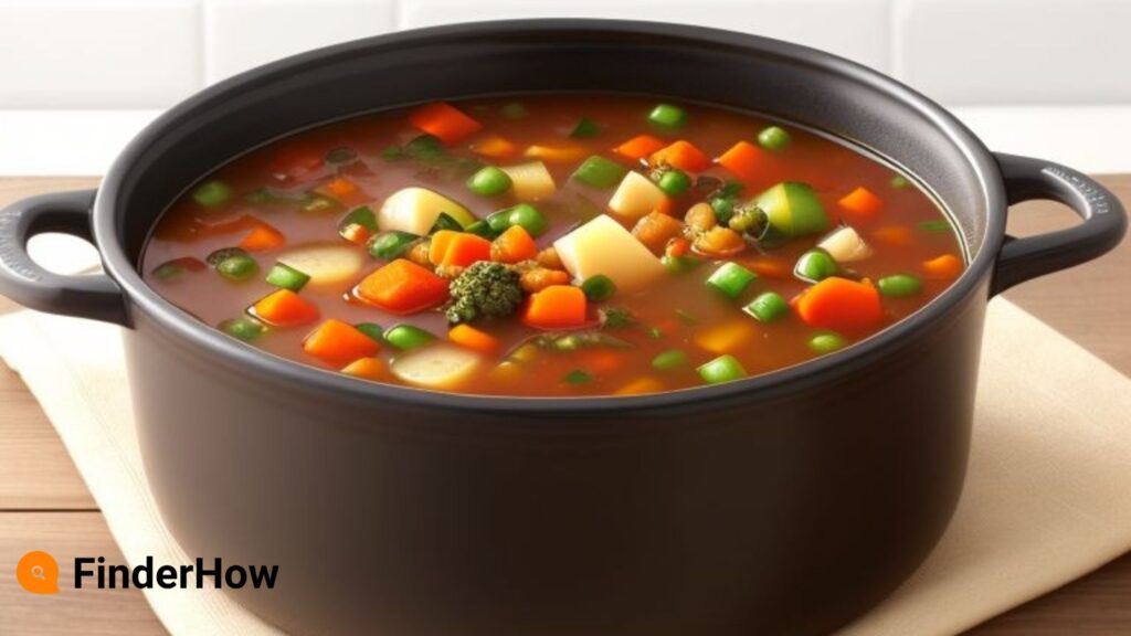 A pot filled with colorful vegetable soup