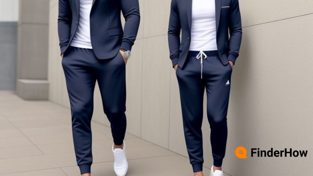 Image of model in luxury tracksuit or joggers with a structured blazer