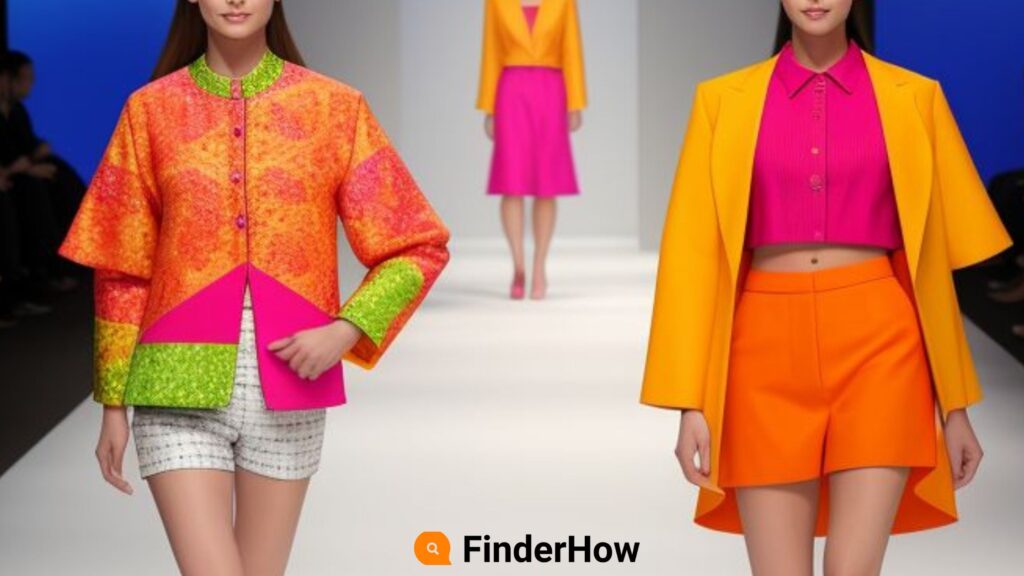 Image of models in brightly colored outfits, with some clashing