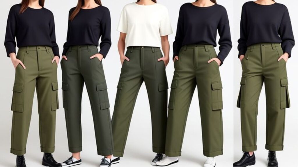 Image of models in high-waisted cargo pants with oversized pockets, styled in different ways