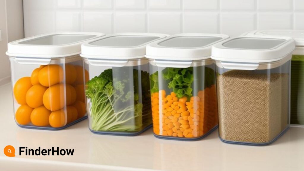 Image of neatly stacked food storage containers on a kitchen counter]