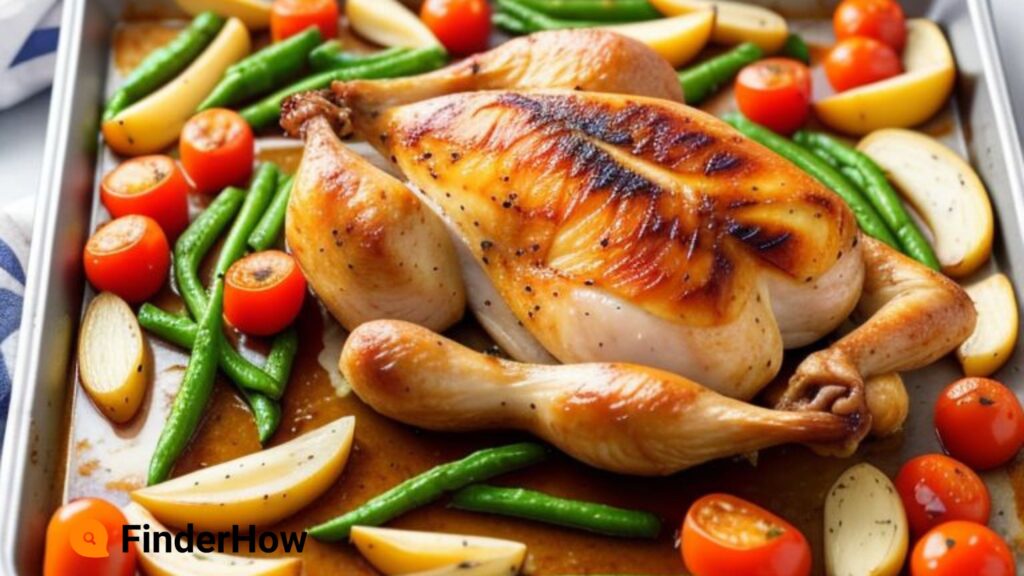 Sheet pan meal with chicken and colorful vegetables