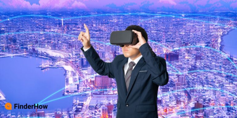 Person wearing a VR headset exploring a futuristic metaverse