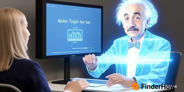 Student interacting with a holographic AI tutor resembling Albert Einstein. Conversational AI in 2024
