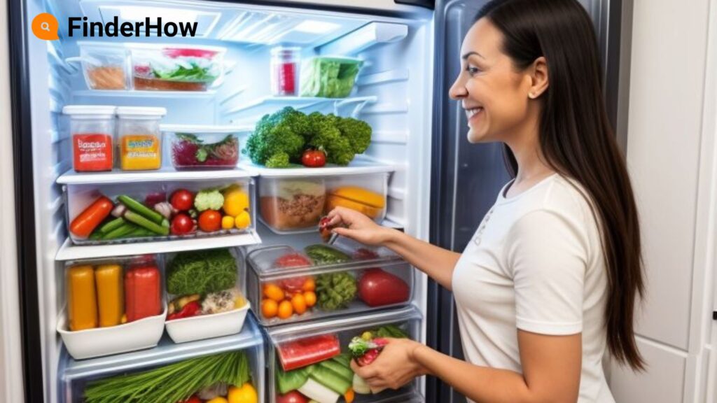 Woman opening a refrigerator with organized meal prep containers