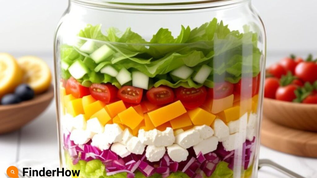 A mason jar salad with layered greens, vegetables and dressing
