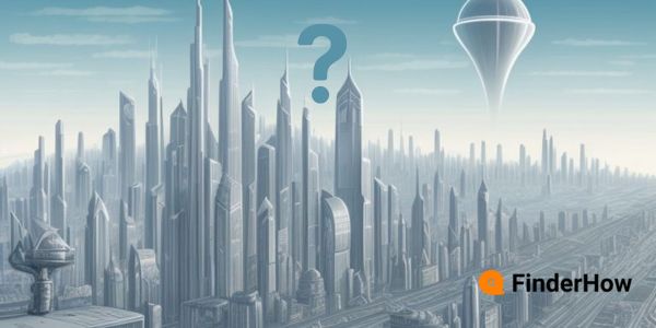 thought-provoking illustration of an alien cityscape with a question mark in the sky
