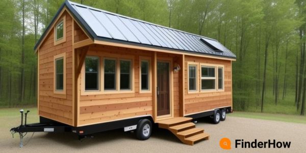 tiny house built on a trailer, featuring a front porch and a combination of wood and metal siding.  Tiny Home living finderhow.com